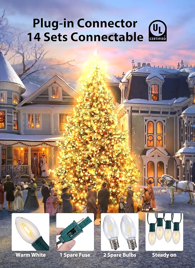 Brightown Vintage C9 Christmas Lights Outdoor, 50 Feet 50 LED C9 Christmas Decorations, Connectable Waterproof String Lights for Holiday Party Roofline Backyard Garden Patio, E17 Base, Warm White