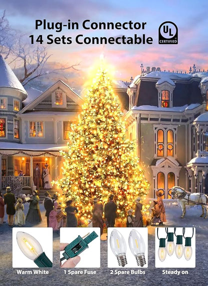 Brightown Vintage C9 Christmas Lights Outdoor, 50 Feet 50 LED C9 Christmas Decorations, Connectable Waterproof String Lights for Holiday Party Roofline Backyard Garden Patio, E17 Base, Warm White