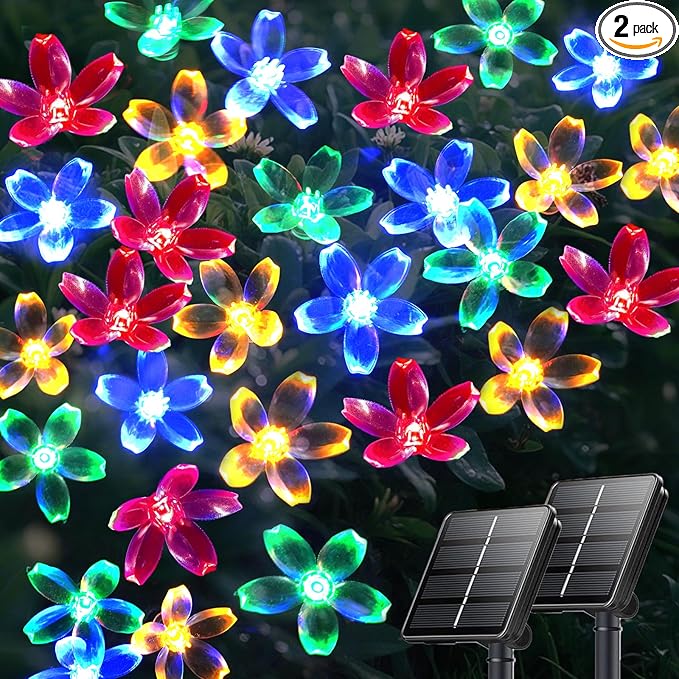 2PK 80LED 50FT Flower Solar String Lights Outdoor Waterproof, Cherry Blossoms Multicolor Lights with 8 Lighting Modes, Garden Decor for Outside, Pathway Light for Fence, Patio, Yard