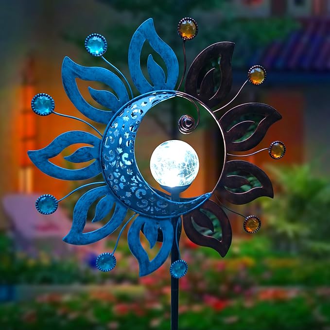 Sun Moon Solar Lights Garden Stake Outdoor Decoration,Sun Moon Crackle Glass Globe Solar Metal Stake Light, Waterproof LED Light for Pathway Lawn Patio Courtyard Backyard(39 Inch)