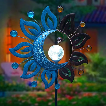 Sun Moon Solar Lights Garden Stake Outdoor Decoration,Sun Moon Crackle Glass Globe Solar Metal Stake Light, Waterproof LED Light for Pathway Lawn Patio Courtyard Backyard(39 Inch)