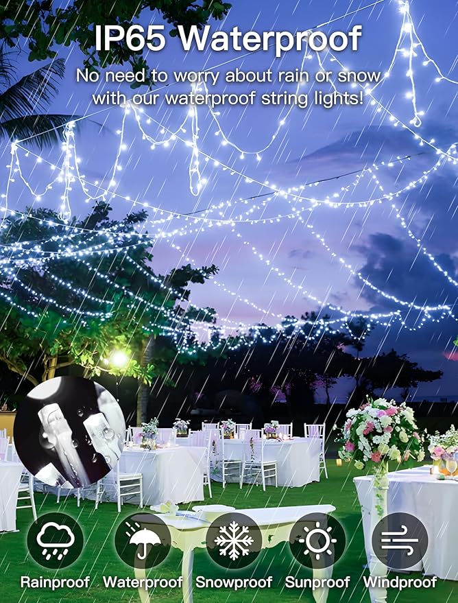 33FT 100 LEDs String Lights Waterproof Fairy Lights 8 Modes with Memory 30V Power Supply for Home, Garden, Wedding, Party, Christmas Decoration Indoor Outdoor (Cool White)