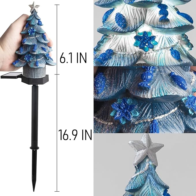 Dazzle Bright 2 Pack Solar Powered Fairy Garden Blue Christmas Tree Pathway Lights, Resin Walkway Lights Decorative Stakes Christmas Tree Figure Statue Decorations for Lawn Pathway Xmas Yard Gifts