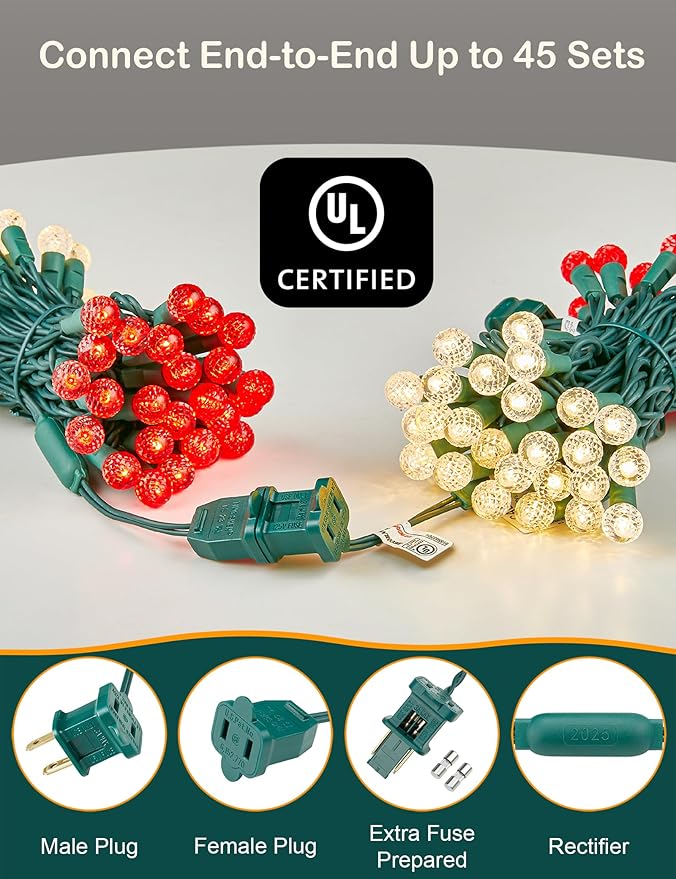 BOHON Christmas Lights 17FT 50 LED Faceted G15 Red and Warm White String Lights Outdoor Plug in Commercial Lighting Grade Tree Decorations for Indoor Xmas Decor, Green Wire, Waterproof