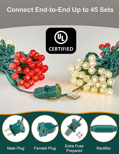 BOHON Christmas Lights 17FT 50 LED Faceted G15 Red and Warm White String Lights Outdoor Plug in Commercial Lighting Grade Tree Decorations for Indoor Xmas Decor, Green Wire, Waterproof