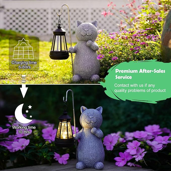 Qeeman Solar Cat for Garden Decor: Weatherproof Resin Statues with Lantern for Outdoor Outside Yard Pathway Patio Porch Balcony Decorations - Gifts for Mom Grandma Cat Lovers