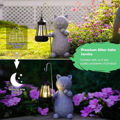 Qeeman Solar Cat for Garden Decor: Weatherproof Resin Statues with Lantern for Outdoor Outside Yard Pathway Patio Porch Balcony Decorations - Gifts for Mom Grandma Cat Lovers