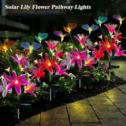 Solar Flower Lights Outdoor Garden Decor,2Pack Color Changing lilies flowers with Flying Butterfly and Bee,22LED Lily Solar Garden lights Outside for Path Yard Patio Lawn Party Mom day Decor
