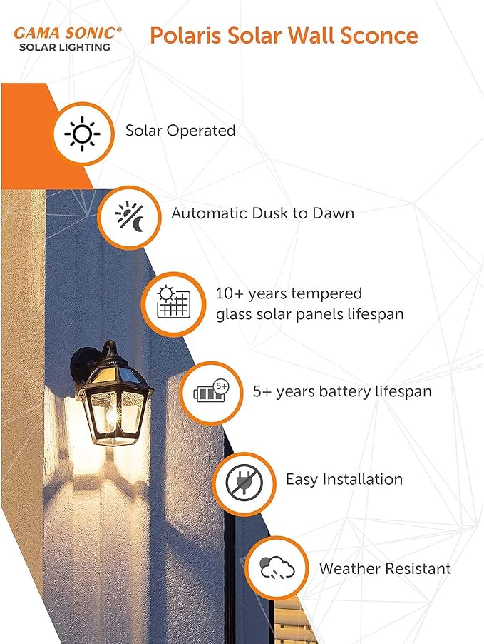 Gama Sonic Polaris Solar Wall Sconce Light, Outdoor Warm White LED Exterior Lamp, Black UV Protected Resin for Coastal Areas, for Walkways, Pathway, Columns, Sheds, Piers (177010)
