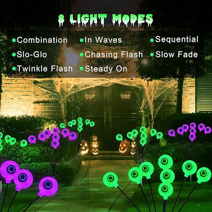Halloween Decorations Outdoor Solar Eyeball Lights 4 Pack 32 LED 8 Modes Waterproof Scary Spooky Eyeballs Light Purple and Green Solar Garden Lights for Yard Party Halloween Decor (Green & Purple)