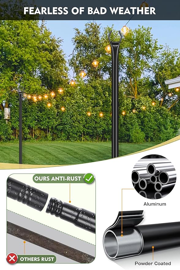 FEED GARDEN String Light Poles for Outside,10FT Metal Poles for Outdoor String Lights, Stand Poles for Deck | Lumora