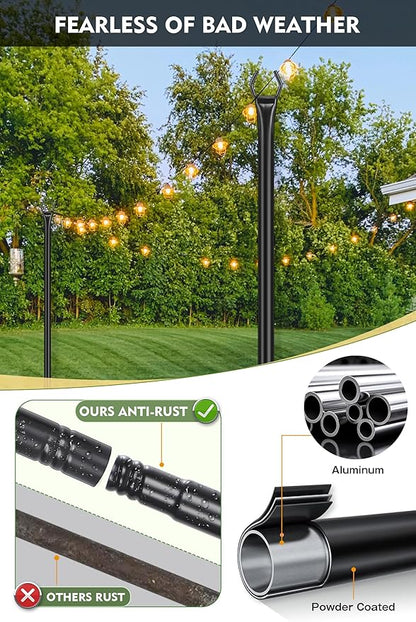 FEED GARDEN String Light Poles for Outside,10FT Metal Poles for Outdoor String Lights, Stand Poles for Deck, Garden, Patio, Wedding, Backyard, Christmas Party 6 Pack