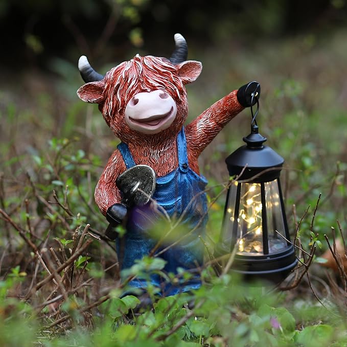Highland Cow Garden Statue 10.4" with Solar Lantern， Decorative Farm Animal Figurine for Indoor Outdoor Home Patio Yard Lawn Ornament and Gift for Mom