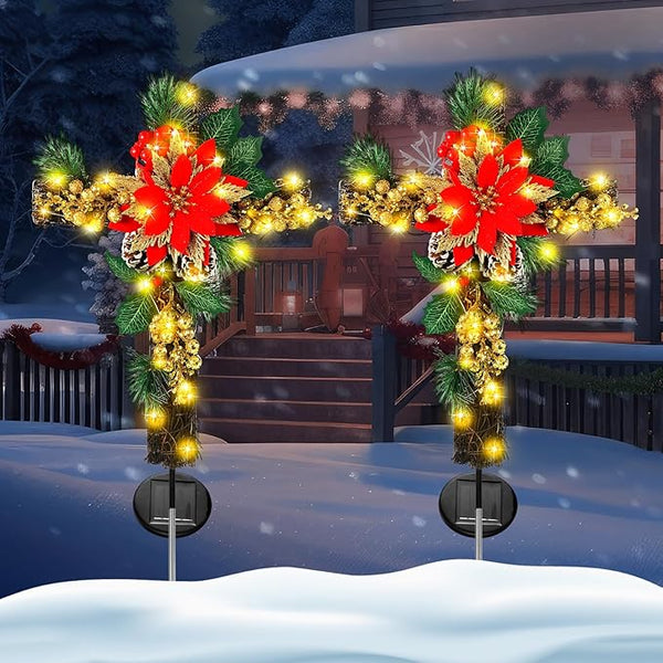 Ganeen 2 Pcs Solar Stake Christmas Outdoor Decorations Christmas Yard Stake Decor LED Lights Cemetery Grave Cross | Lumora