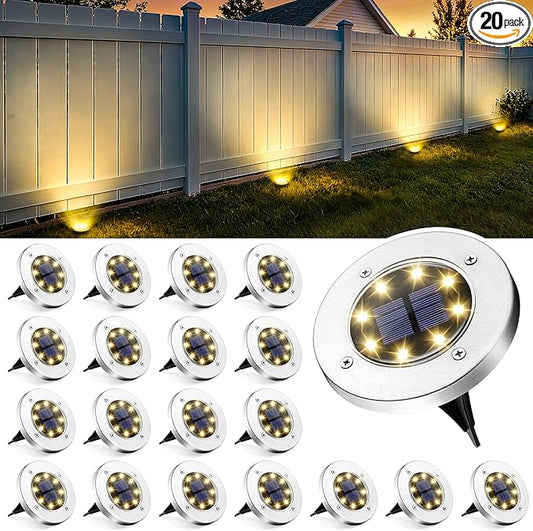 GIGALUMI Solar Ground Lights - No-Drill Fence Lighting Solution, Waterproof Perimeter Lights Compatible with Wood, Metal & Concrete Fences (20 Pack Warm White)