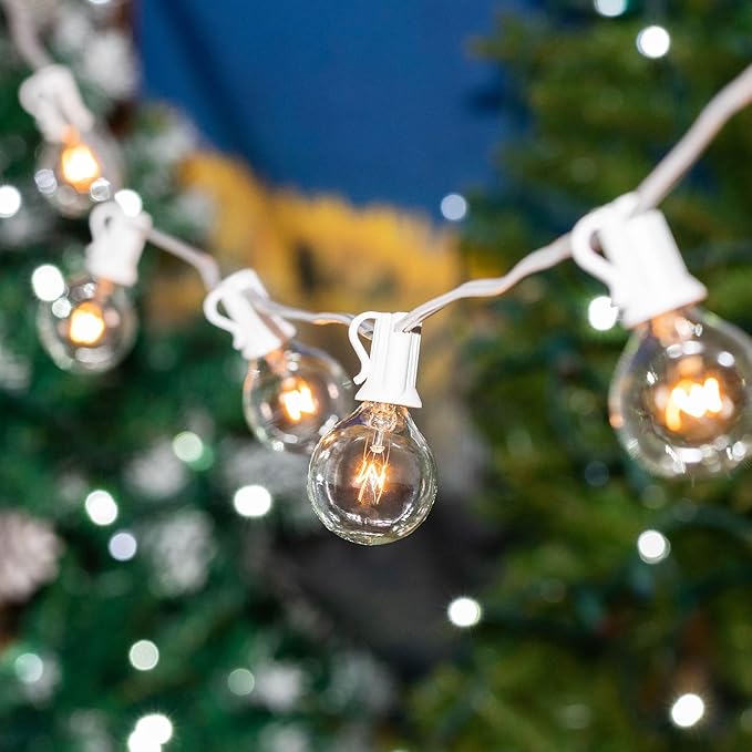 G50 Patio String Lights with 25 Clear Globe Bulbs Outdoor Cafe Hanging Lights White Wire - 25 Feet