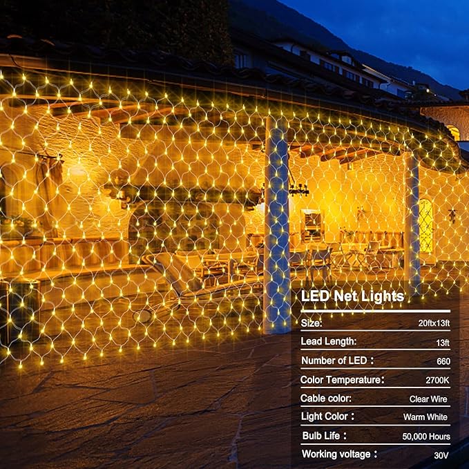 ZAIYW 660 LED Net Lights Outdoor Mesh Lights, 20Ft x 13Ft Large Christmas Net Lights Plug in with Remote Control Timer for Bushes Xmas Shrubs Wall Wedding Tree Decor (Warm White)