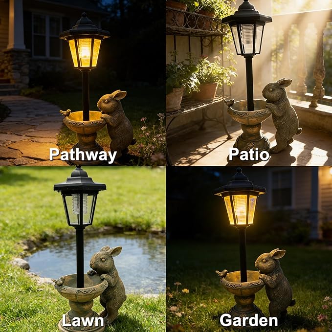 Solar Rabbit Garden Statue for Outdoor Decor with Lantern - Lawn Decoration 15.8“ Tall Bunny Figurine Lights for Patio, Yard, Porch Ornament - Valentine's Day Gifts for Mom, Grandma, Women