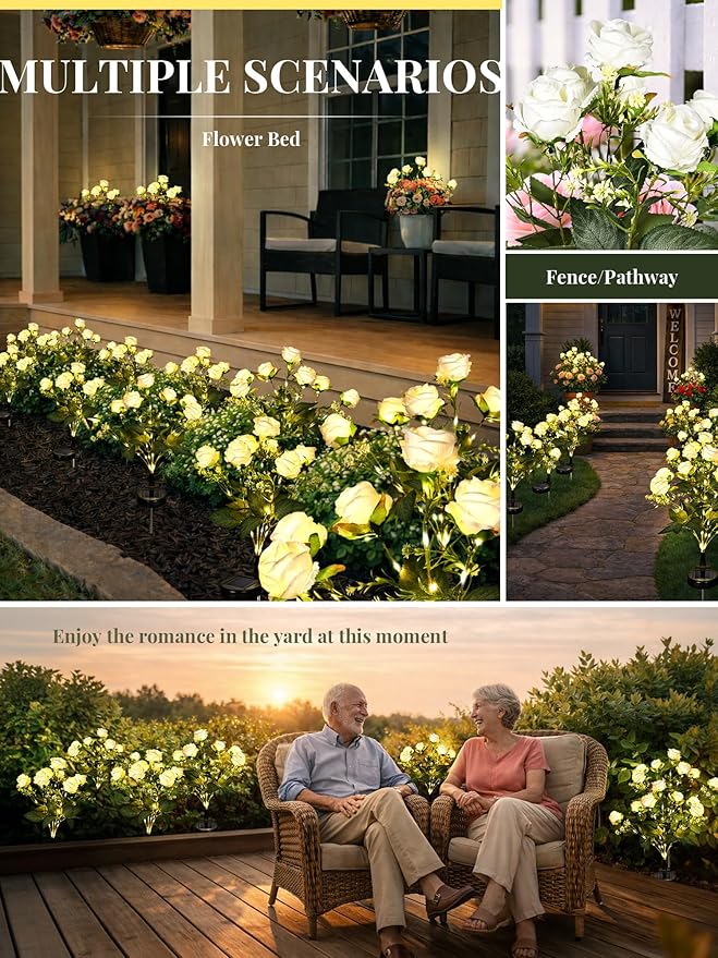 GIGALUMI Solar Lights Outdoor for Garden Decor, 4 Pack Solar Flower Lights Waterproof, 2 Lighting Modes 28 Rose Flowers for Pathway,Yard, Patio Decoration, Gardening Gifts for Women (White)