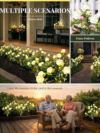 GIGALUMI Solar Lights Outdoor for Garden Decor, 4 Pack Solar Flower Lights Waterproof, 2 Lighting Modes 28 Rose Flowers for Pathway,Yard, Patio Decoration, Gardening Gifts for Women (White)