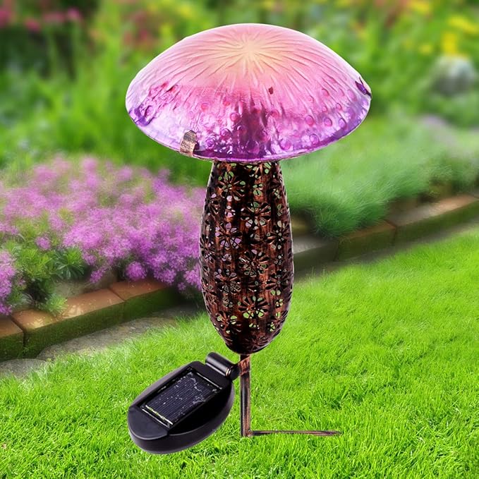 Hi-Line Gift Ltd. 78417-B Metal and Glass Solar Mushroom W/LED-Pink and Purple Garden Stake