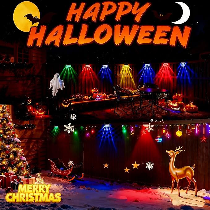 Solar Fence Lights Outdoor,12 Pack Solar Deck Lights,8 Fixed Colors ＆ Color Changing Modern Solar Powered,Waterproof LED for Step Stair Patio Backyard Porch Railing Halloween Christmas