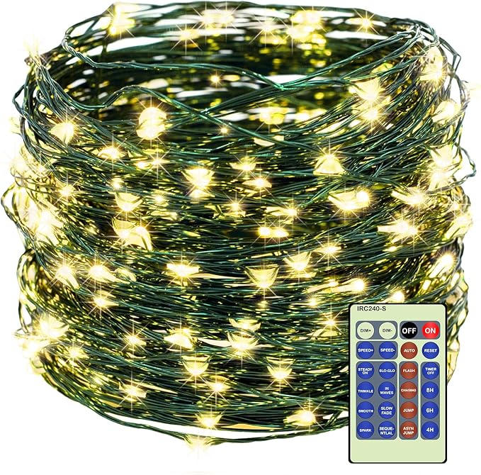 Decute 300LED 99FT Christmas Tree String Lights Green Wire Dimmable with Remote Control, UL Listed Plug in Fairy Starry Lights Decorative for Christmas Tree Party Wedding Indoor Outdoor Warm White