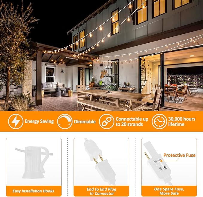 Achin Outdoor String Lights White 100Ft LED Patio Lights Outdoor Waterproof with 50+2 Shatterproof ST38 Bulbs 2200K | Lumora