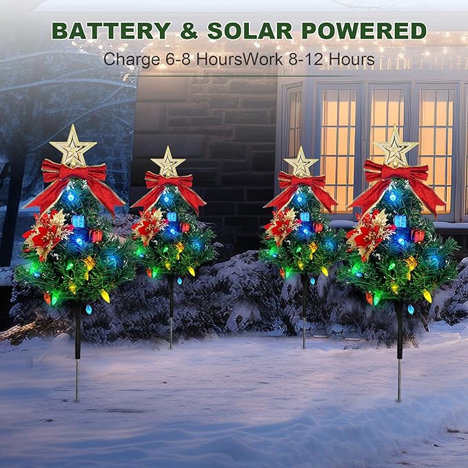 Solar Christmas Tree Pathway Lights Outdoor, Set of 4 Solar Christmas Tree, 80 Outdoor LEDs Xmas Pathway Lights, Garden Decor DIY Xmas Tree Gift (Multicolor)