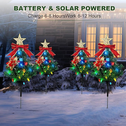 Solar Christmas Tree Pathway Lights Outdoor, Set of 4 Solar Christmas Tree, 80 Outdoor LEDs Xmas Pathway Lights, Garden Decor DIY Xmas Tree Gift (Multicolor)