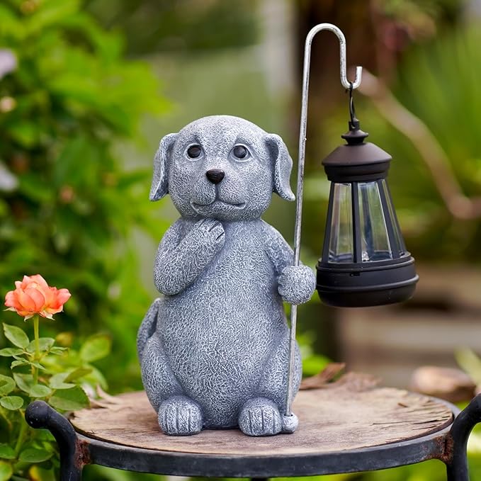 Qeeman Solar Dog for Garden Decor: Weatherproof Resin Statues with Lantern for Outdoor Outside Yard Pathway Patio Porch Balcony Decorations - Gifts for Mom Grandma Dog Lovers