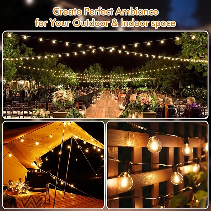Solar String Lights Outdoor 100ft - 36+2 Shatterproof & Waterproof G40 LED Bulbs, Remote Control w/ 4 Dimming,3 Light Modes & Timer, Waterproof IP65 for Patio, Garden, Camping, Party, Christmas Décor