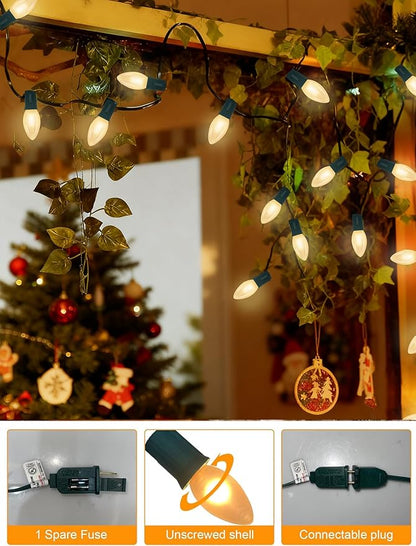 25Ft Frosted White Christmas Lights C9 Vintage Christmas String Lights with 26 Frosted White Bulbs(1 Spare) Hanging Outdoor String Lights for Patio Holidays Christmas Prom Party Wedding- Green Wire