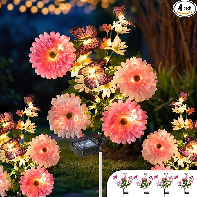Solar Garden Light 4 Packs, 120 LEDs Outdoor Solar Lighting with Daisy and Butterfly, Waterproof Outdoor Garden Light for Patio, Courtyard, Pathway Decoration (Pink)