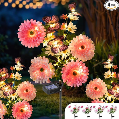 Solar Garden Light 4 Packs, 120 LEDs Outdoor Solar Lighting with Daisy and Butterfly, Waterproof Outdoor Garden Light for Patio, Courtyard, Pathway Decoration (Pink)