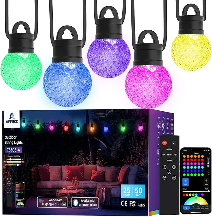APPECK Outdoor String Lights 50FT, RGBW Smart Patio Lights with 111 Scene Modes, Christmas String Lights with 25 | Lumora