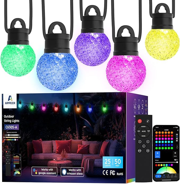 APPECK Outdoor String Lights 50FT, RGBW Smart Patio Lights with 111 Scene Modes, Christmas String Lights with 25 | Lumora