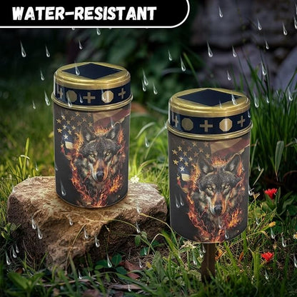 American Flag Wolf Flame Solar Garden Lights Outdoor Decorative Solar Stake Lights-Waterproof Warm White LED for Remembrance Gifts Cemetery Grave