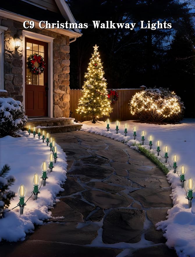 38FT C9 LED Christmas Pathway Lights,25 Warm White Connectable Weatherproof LED Christmas Walkway Lights with C9 Bulbs and Stakes for Driveway Yard Lawn Sidewalk Xmas Decoration