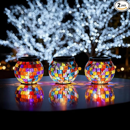 Cooo 2 Pack Valentines Day Gifts for Him Her Landscape Lighting Path Lights Heavy Solar Mosaic Lantern with RGB Color-Changing Light – Dual Solar Panels, Red Amber Glass Tiles, Waterproof Outdoor