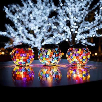 Cooo 6 Pack Gift for her him Landscape Lighting Path Lights Heavy Solar Mosaic Lantern with RGB Color-Changing Light – Dual Solar Panels, Red Amber Glass Tiles, Waterproof Outdoor