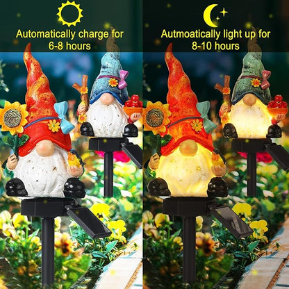 2 Pack Garden Decor Gnome Statues with Solar Lights Gnomes Lights Gifts for Mom Grandma Gnome Figurine for Outdoor Garden Pathway Lawn Patio Yard Decoration