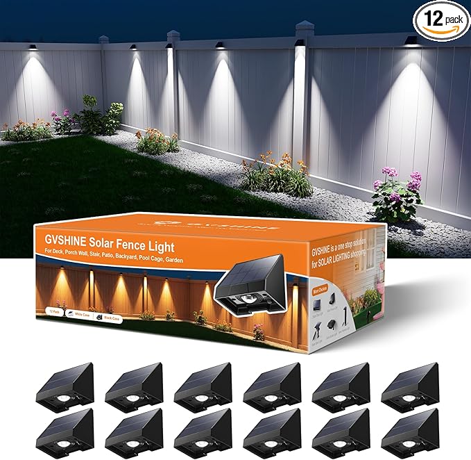 12 Pack Decorative Solar Powered Fence Lights Outdoor Waterproof with Cool White LED Spot Lens, for Outside Wall | Lumora
