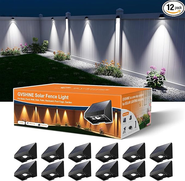 12 Pack Decorative Solar Powered Fence Lights Outdoor Waterproof with Cool White LED Spot Lens, for Outside Wall | Lumora
