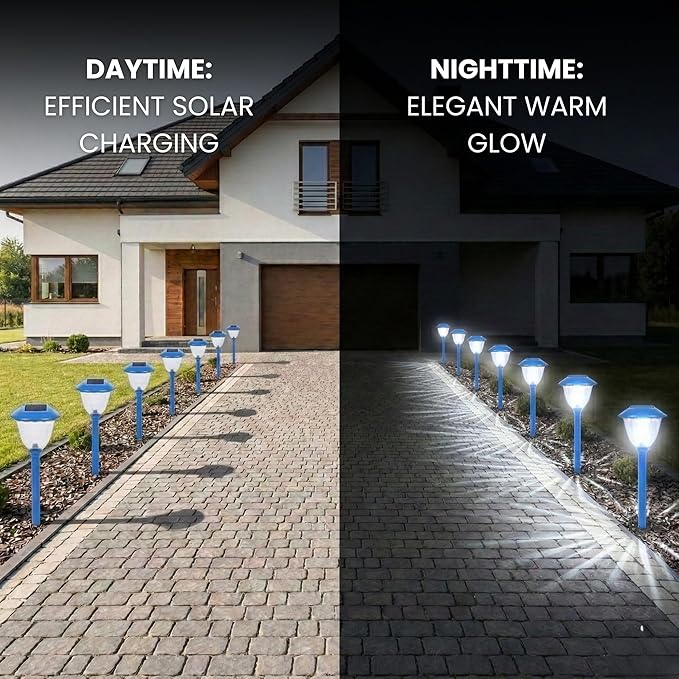 Energizer Outdoor Patio Light - 8 Pack Solar Garden Decor Lights with 15 Lumen Output & Patterned Glass & Metal Finish, Simple to Install Waterproof Ground Solar Lights for Driveway Decor - Blue