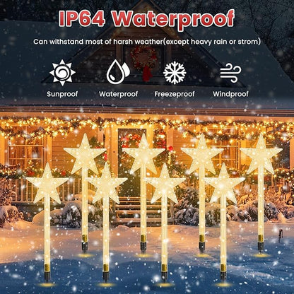 8 Pcs Christmas Solar Stake Light, Decorative IP64 Waterproof 64LED Beads Star-Shaped Pathway Lights with 8 Lighting Modes Xmas Decoration for Outdoor Garden Patio Yard Porch Driveway