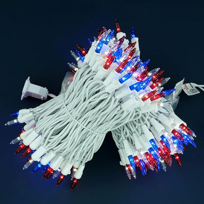 YULETIME 200 Red, White & Blue Christmas Lights, Pack of 2 Sets 33 Feet 100 Count Incandescent-Like LED Mini String Lights (Red, White & Blue - White Wire)