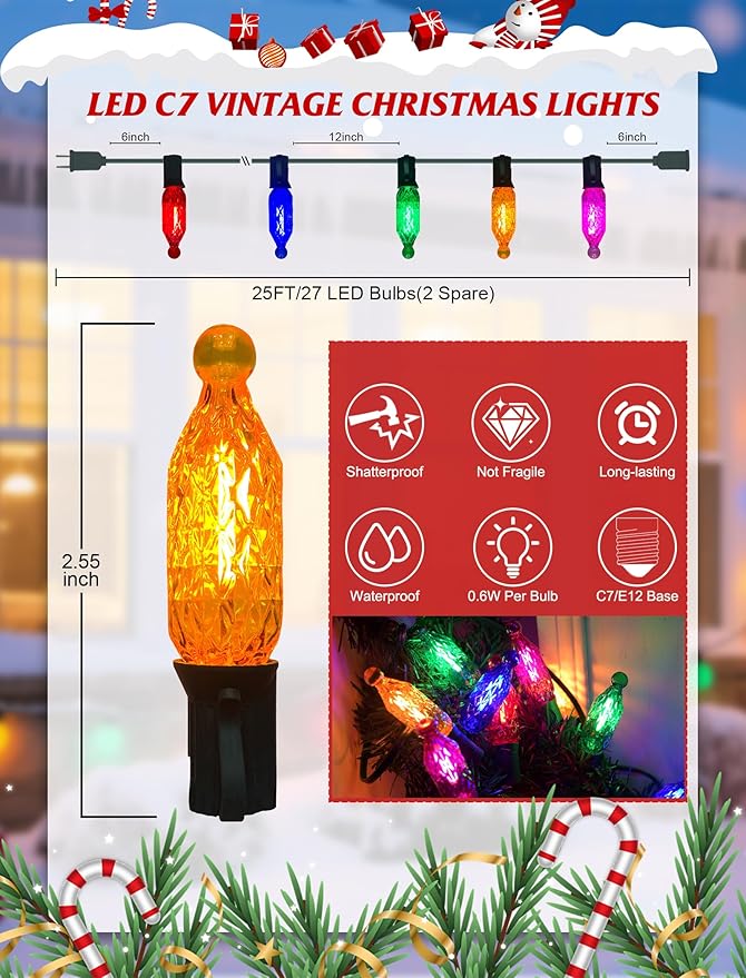 SUNSGNE 25FT Colored Christmas Lights with 25 LED Diamond Shatterproof Multicolor Bulbs, Colorful Christmas Lights for Patio Yard Porch Balcony Gazebo Xmas Decorations, E12 Socket