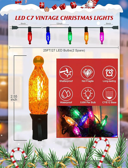 SUNSGNE 25FT Colored Christmas Lights with 25 LED Diamond Shatterproof Multicolor Bulbs, Colorful Christmas Lights for Patio Yard Porch Balcony Gazebo Xmas Decorations, E12 Socket