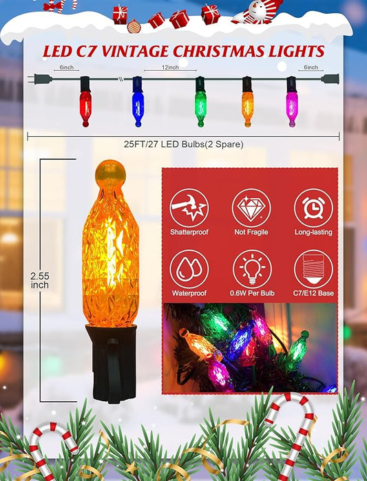 SUNSGNE 25FT Colored Christmas Lights with 25 LED Diamond Shatterproof Multicolor Bulbs, Colorful Christmas Lights for Patio Yard Porch Balcony Gazebo Xmas Decorations, E12 Socket